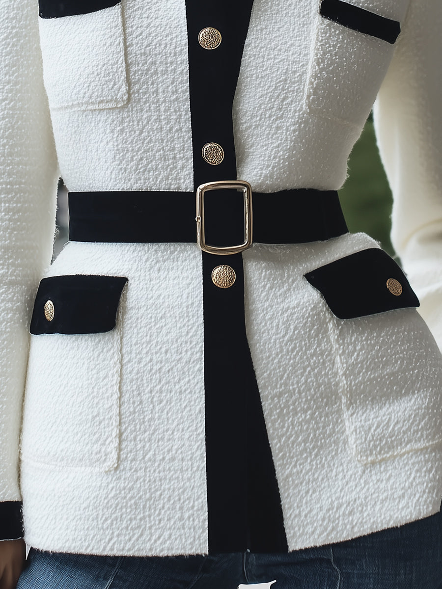 Women's Jacket, Elegant Tailored White Tweed with Black Velvet Accents, Hip-Length, Flattering Fit for Office or Evening Wear 2