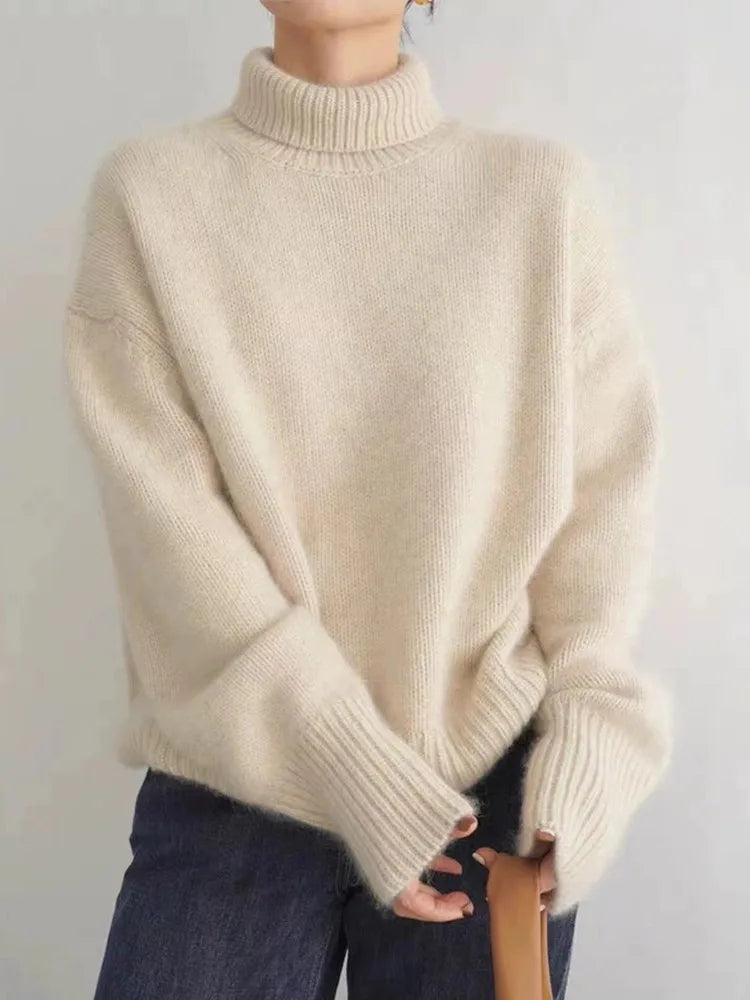 Women's Turtleneck Jumper Beige Size M Linen 0