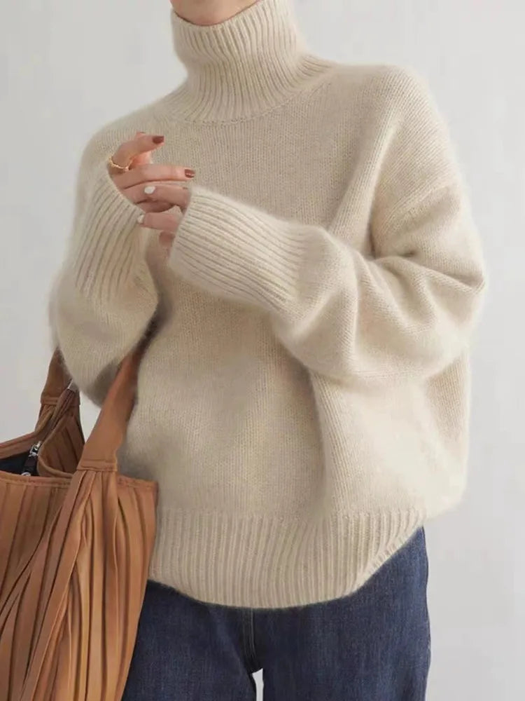 Women's Turtleneck Jumper Beige Size M Linen 1