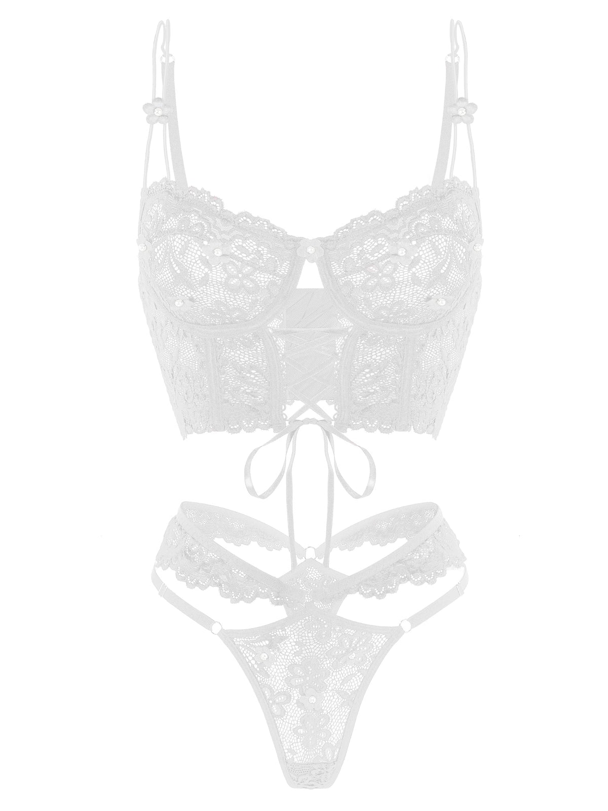 White Pearls Small Flower Lace Lingerie Set - ginlerie