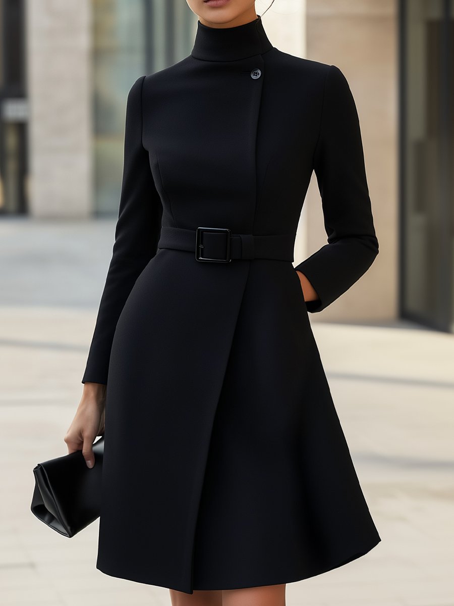 Asymmetric Belted A-Line Dress with High Neck and Long Sleeves – Elegant Modern Design 0
