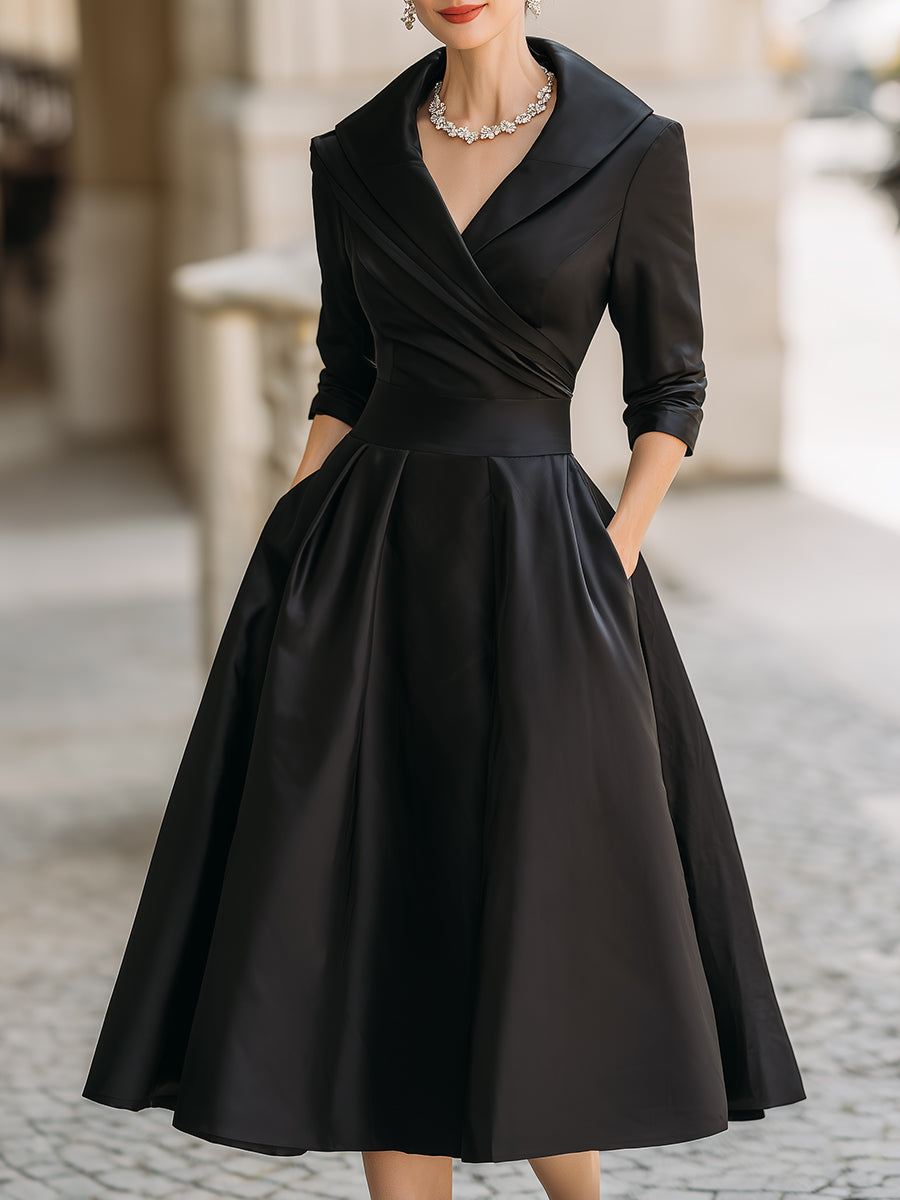 Aurora Vintage Midi Dress with Shawl Collar and A-Line Skirt – Elegant Formal Wear 0