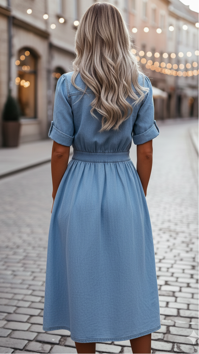Belted Denim Shirt Dress with Crisp Collar and Pockets – Light Wash A-Line Midi Dress 3