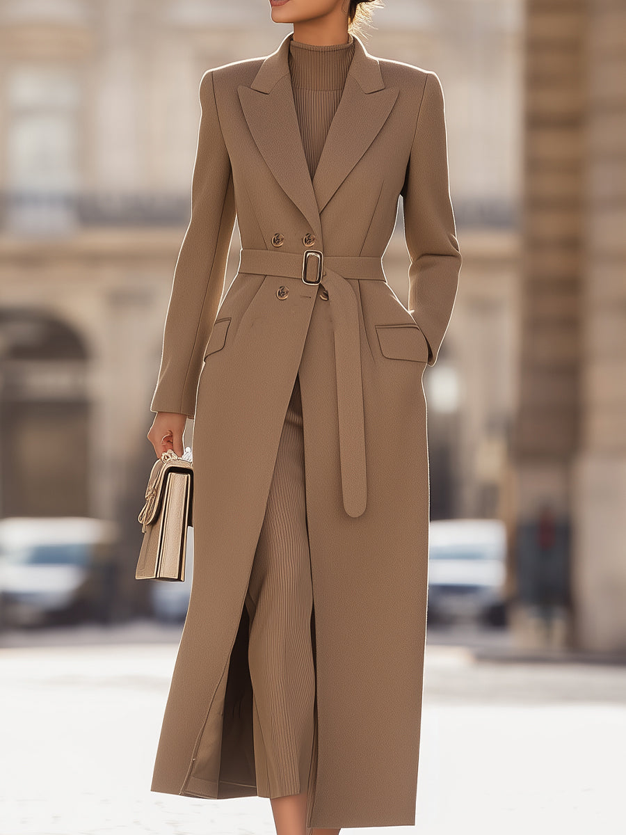 Belted Long Camel Wrap Coat with Tailored Silhouette and Flap Pockets 0