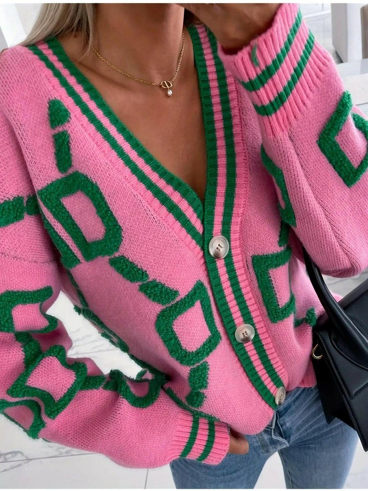 Bold Geometric Cardigan Sweater for Women – Cozy Button-Up Design, Relaxed Fit, Perfect for Layering 0