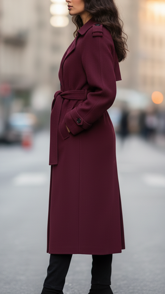 Burgundy Wool Trench Coat for Women – Structured Autumn Outerwear with Tailored Fit and Luxurious Comfort 1