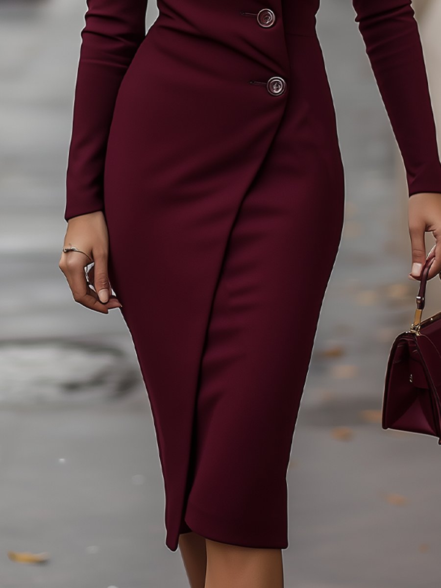 Burgundy Wrap Midi Dress with Button Detail – Elegant Evening Wear 2