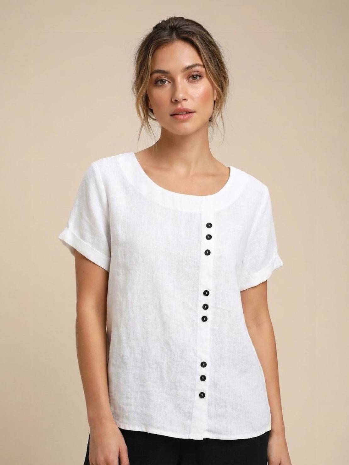 Clara | Linen Round Neck Button Blouse - ginlerie 10
