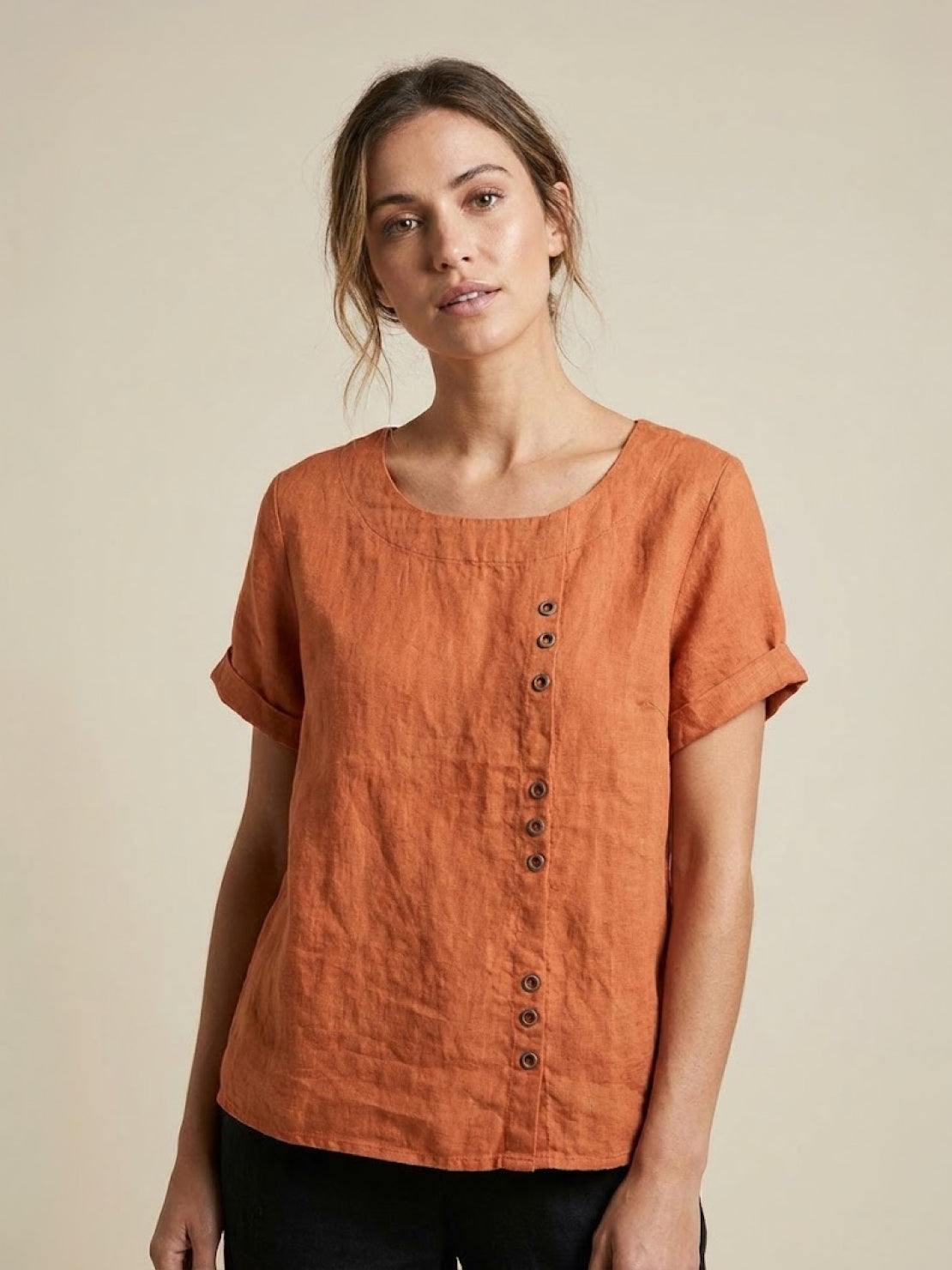 Clara | Linen Round Neck Button Blouse - ginlerie 11