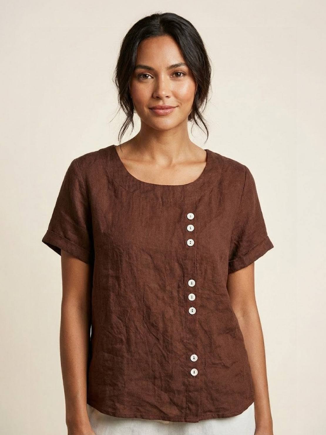 Clara | Linen Round Neck Button Blouse - ginlerie 12