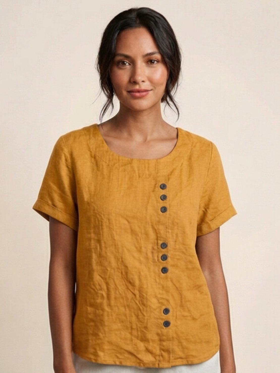 Clara | Linen Round Neck Button Blouse - ginlerie 14