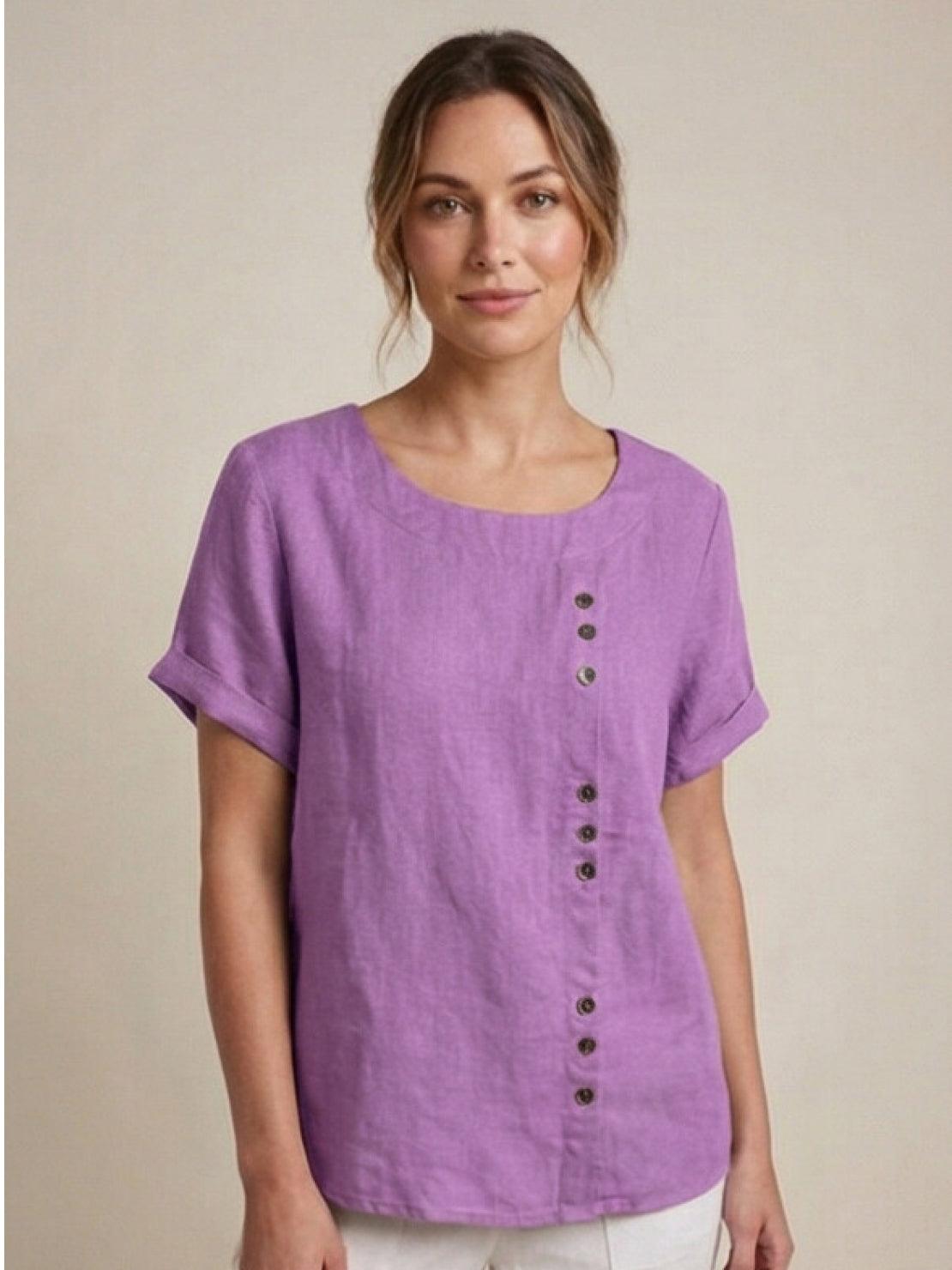 Clara | Linen Round Neck Button Blouse - ginlerie 15