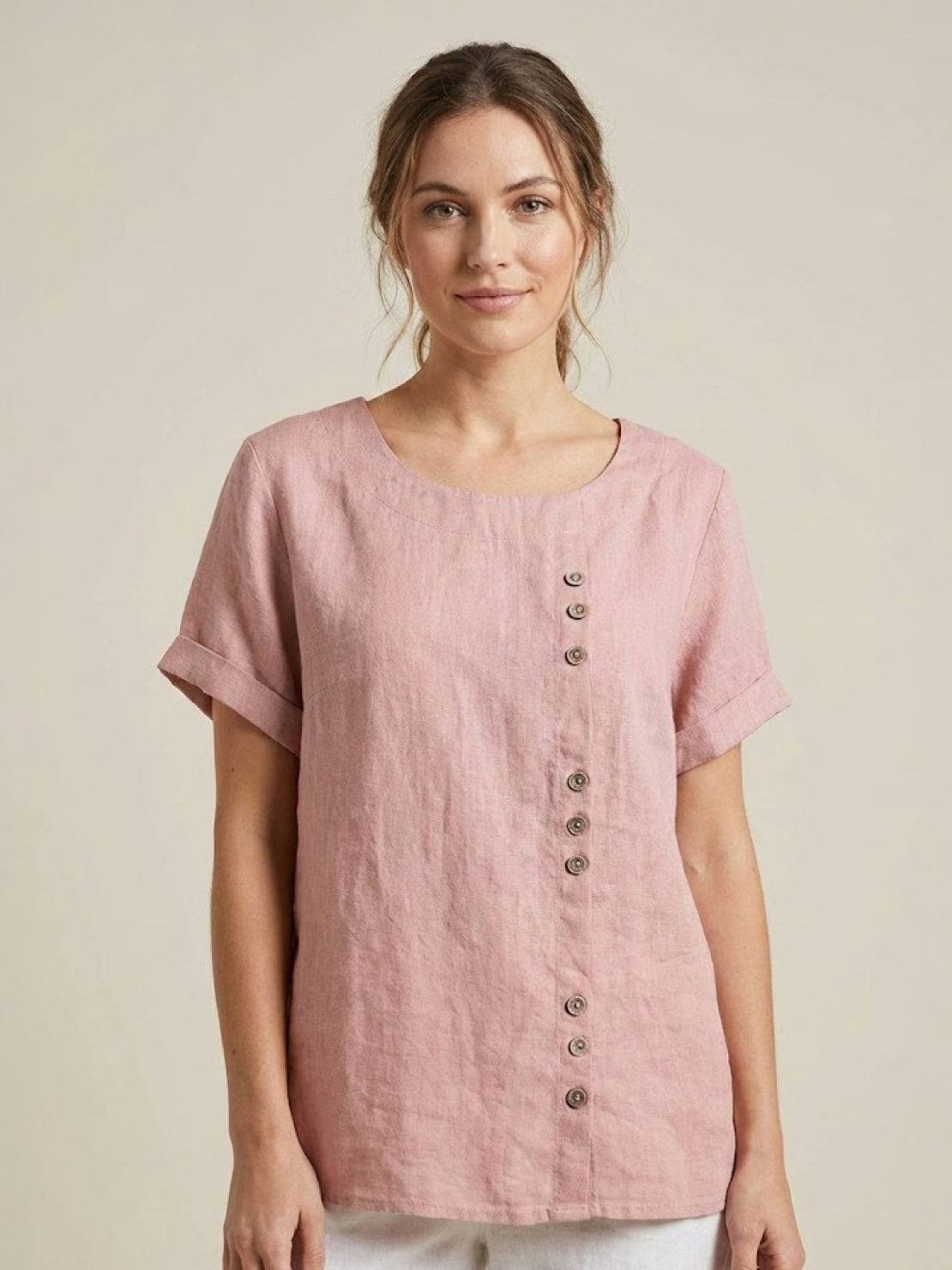 Clara | Linen Round Neck Button Blouse - ginlerie 16