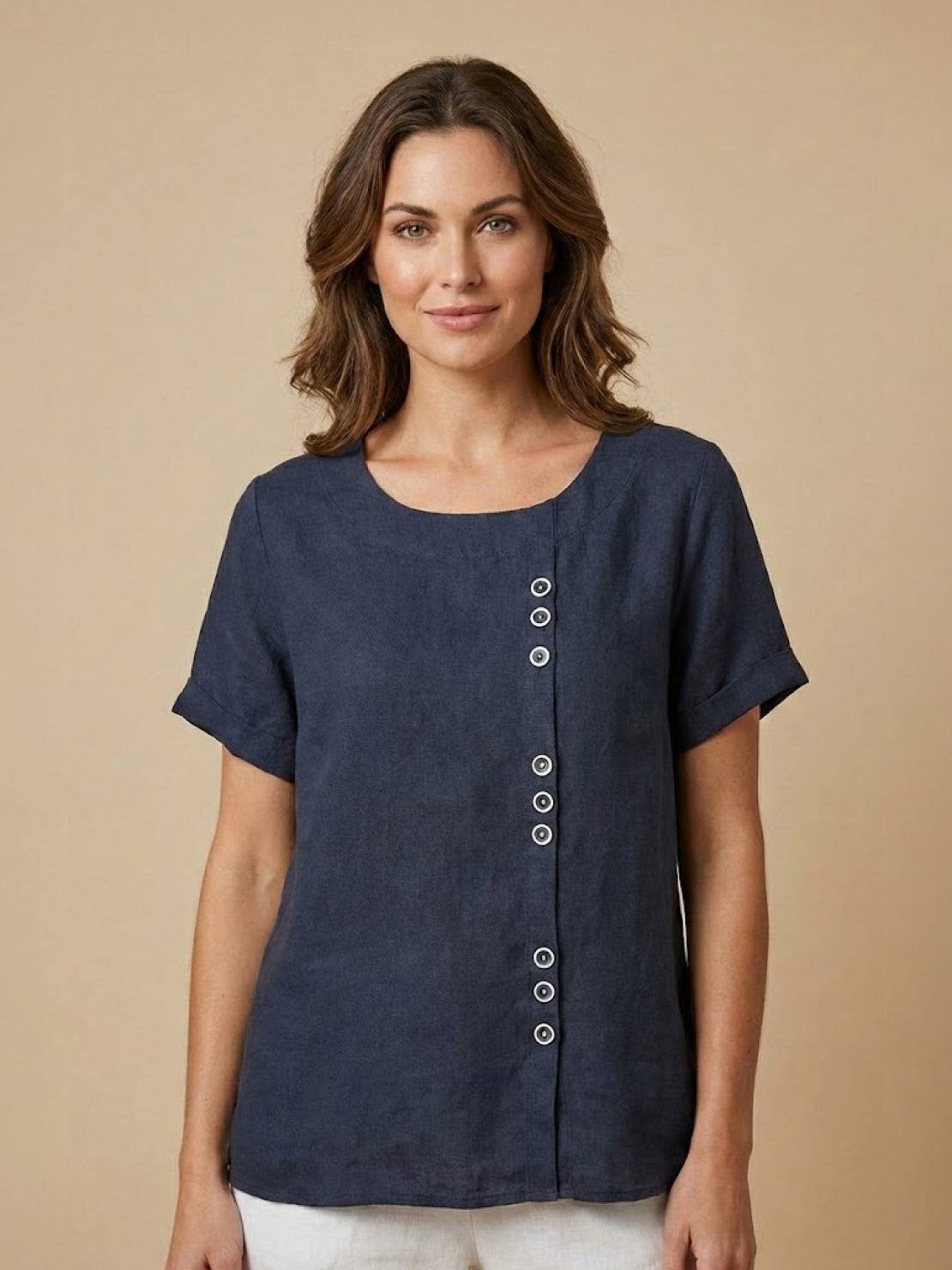 Clara | Linen Round Neck Button Blouse - ginlerie 18