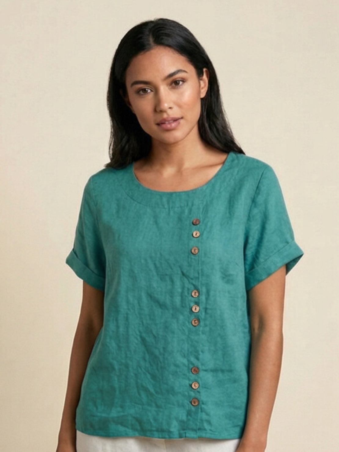 Clara | Linen Round Neck Button Blouse - ginlerie 19