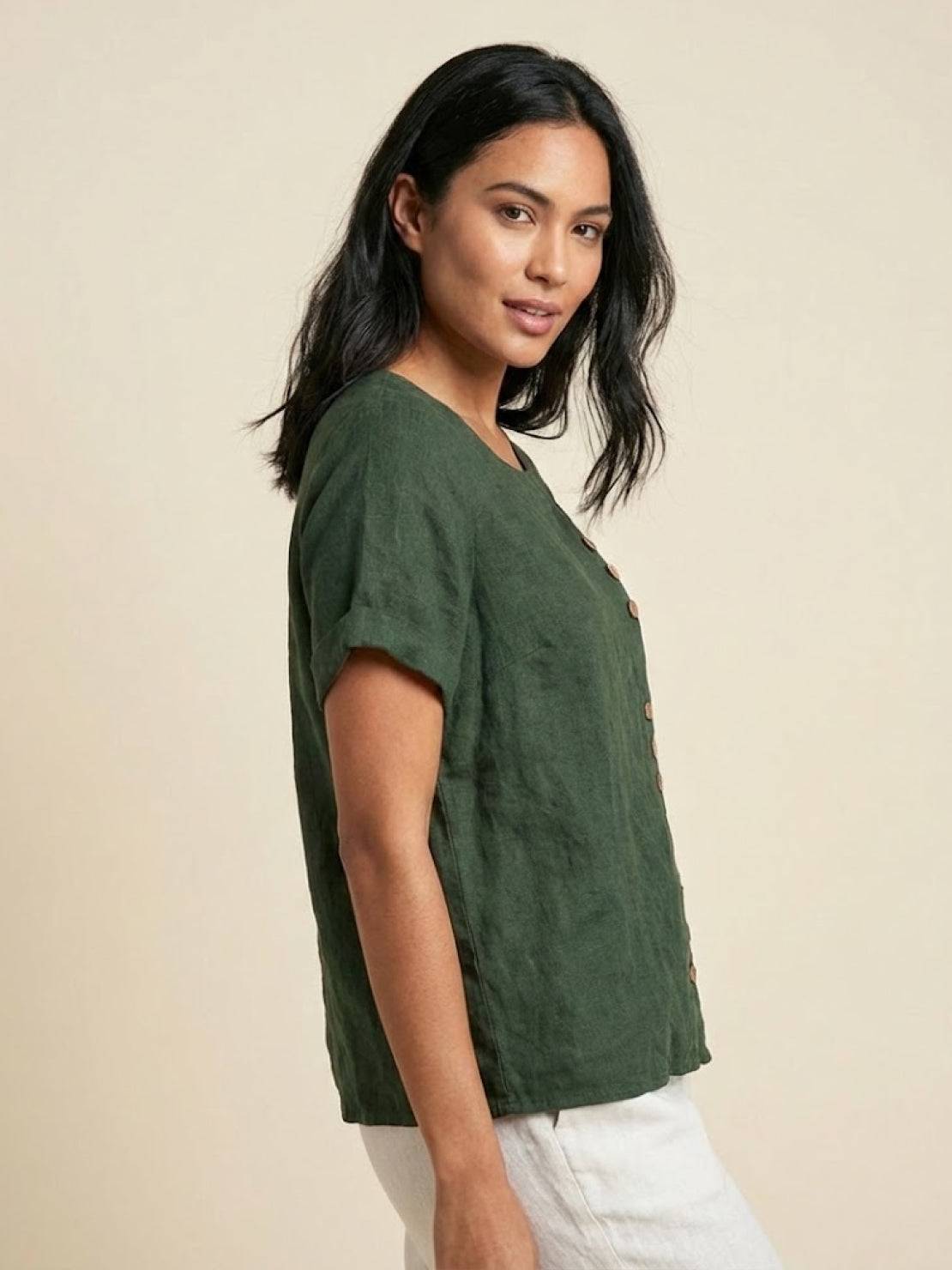 Clara | Linen Round Neck Button Blouse - ginlerie 2