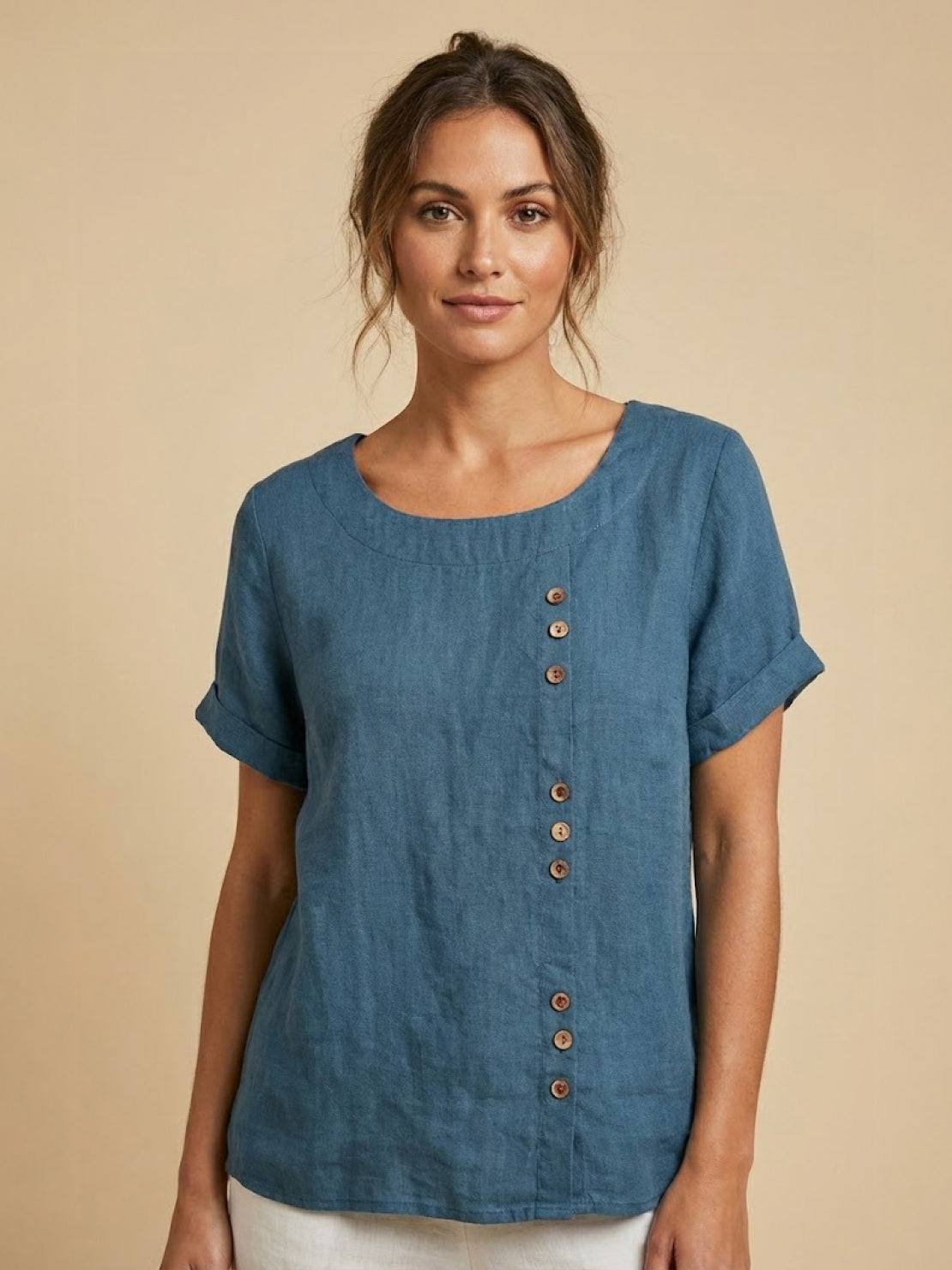 Clara | Linen Round Neck Button Blouse - ginlerie 5