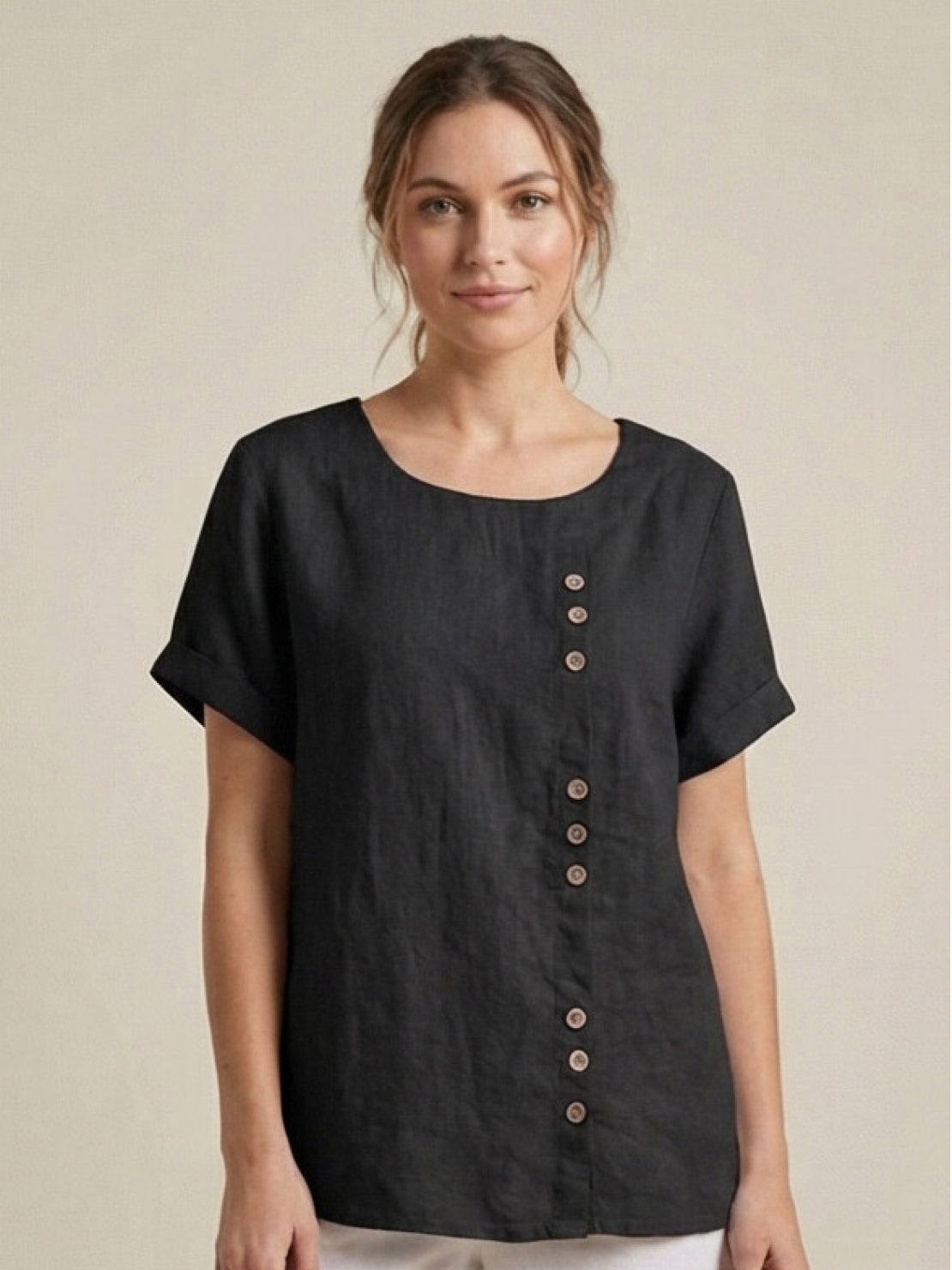 Clara | Linen Round Neck Button Blouse - ginlerie 9