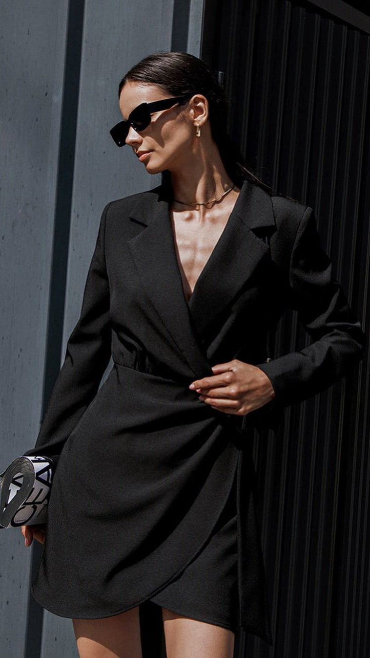 Classic Black Trench Dress with Satin Finish – Tailored Office-to-Evening Wear 0
