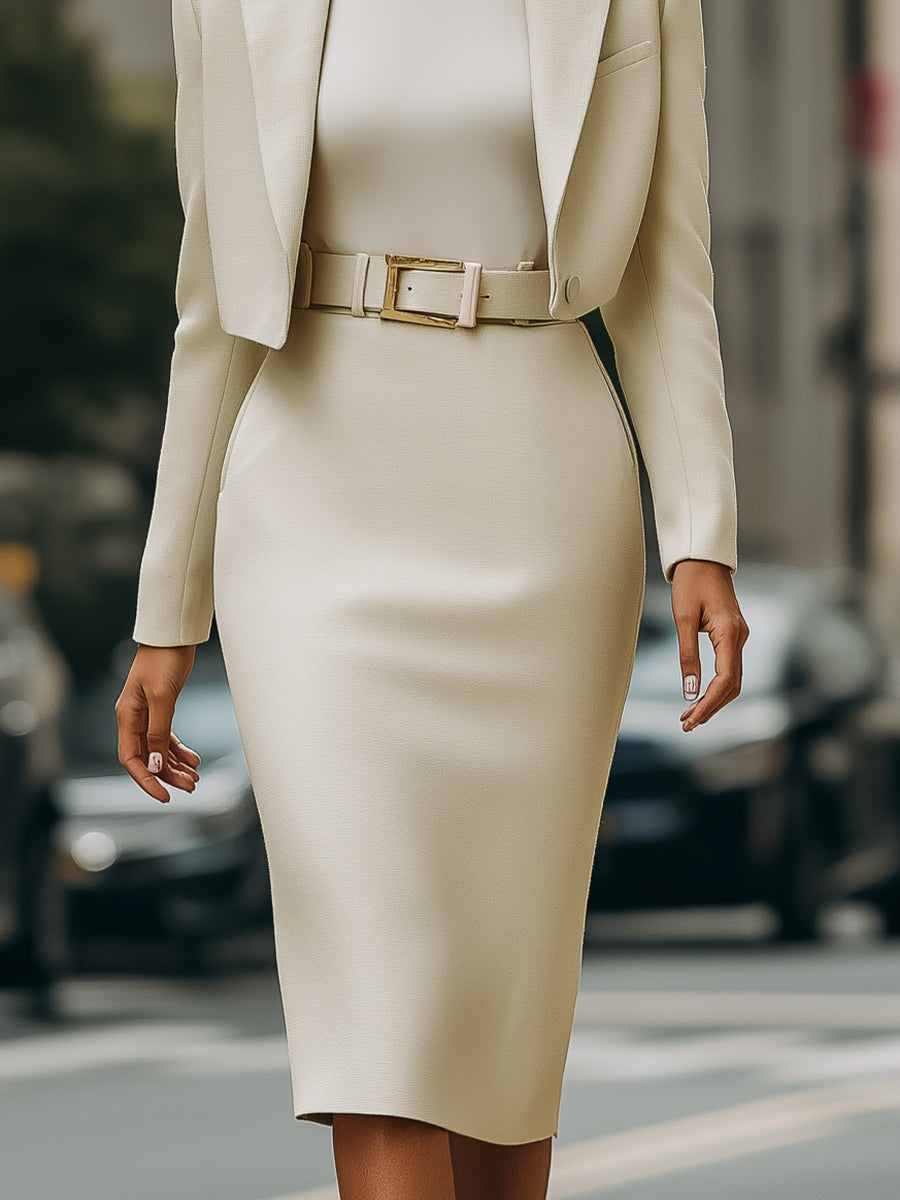 Cropped Blazer and High-Waisted Pencil Skirt Set – Cream Tailored Suit 3