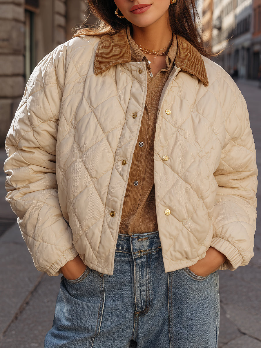 Cropped Quilted Jacket with Corduroy Collar – Beige Casual Outerwear 0