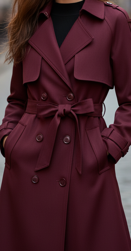 Double-Breasted Belted Trench Coat in Burgundy – Elegant Mid-Length Design 1