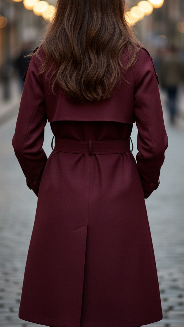 Double-Breasted Belted Trench Coat in Burgundy – Elegant Mid-Length Design 3