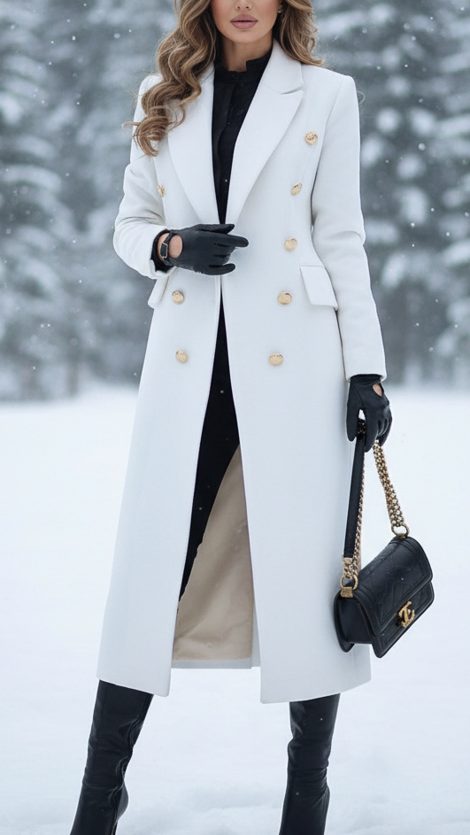 Double-Breasted Longline Coat with Gold Buttons – Elegant Wool-Blend Winter Outerwear 0
