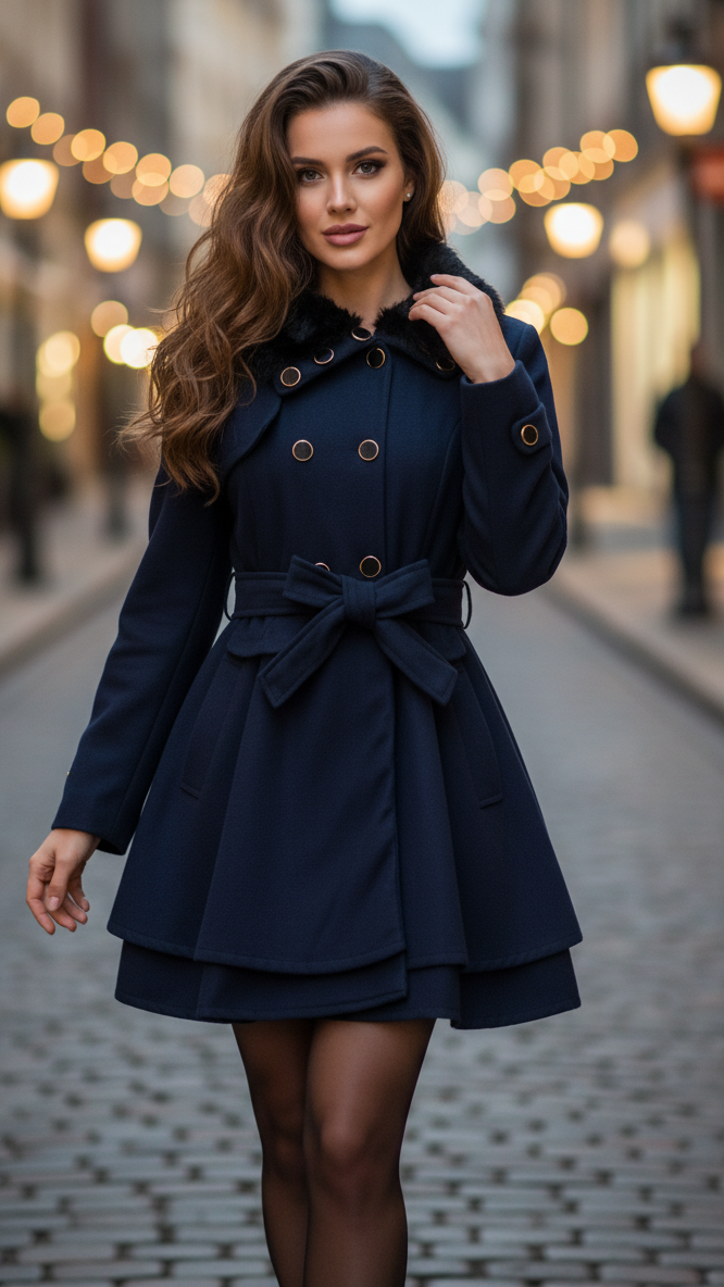 Double-Breasted Wool-Blend Coat with Faux Fur Collar – Elegant Midi Length Winter Outerwear 0