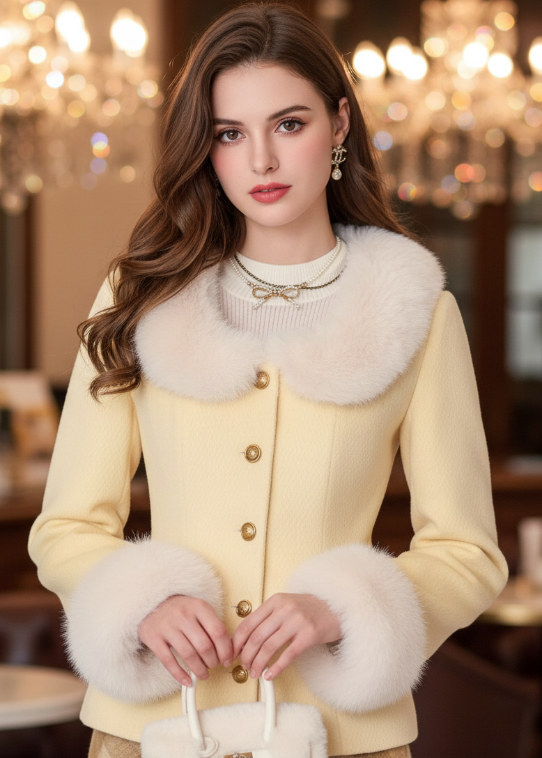 Elena Jacket with Faux Fur Trims – Chic Yellow Autumn Outerwear 0