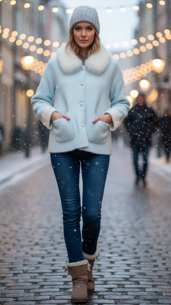 Elena Light Blue Jacket with Fluffy Collar – Stylish and Versatile Outerwear 0