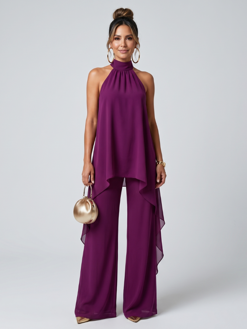 Elena | Asymmetric Halter Tunic and Wide Leg Pants Set - ginlerie 0