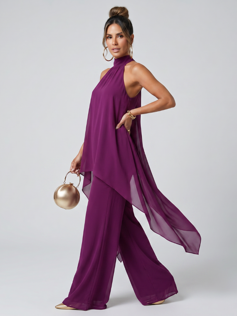 Elena | Asymmetric Halter Tunic and Wide Leg Pants Set - ginlerie 2