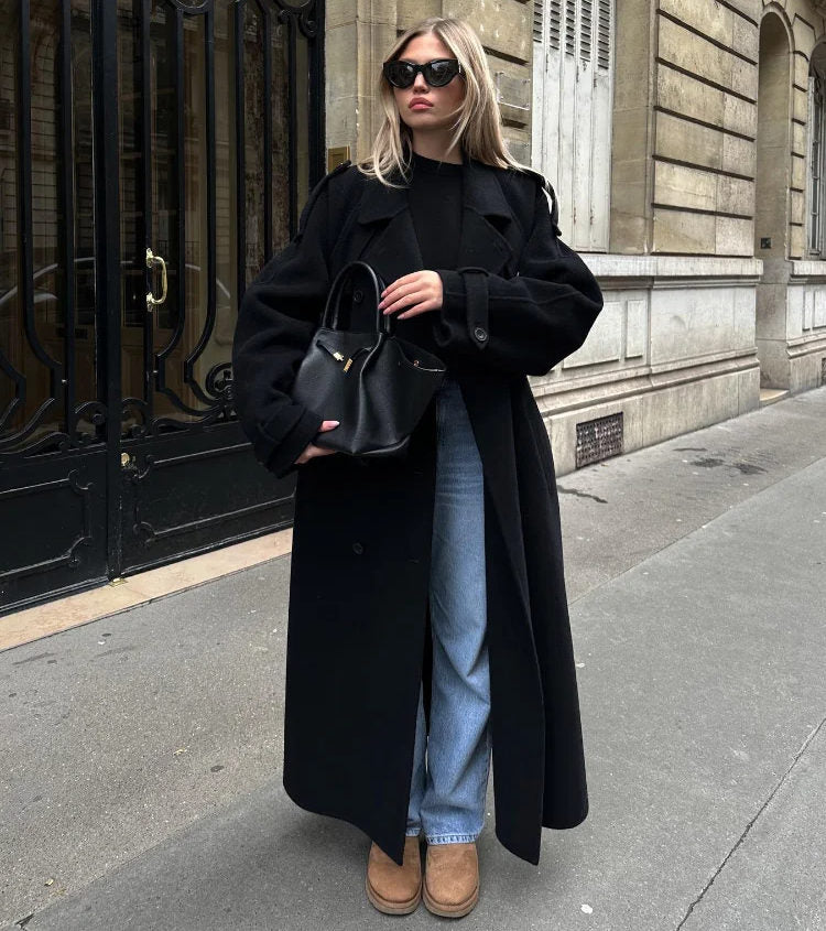 Elena | Black Double-Breasted Trench Coat - ginlerie 0
