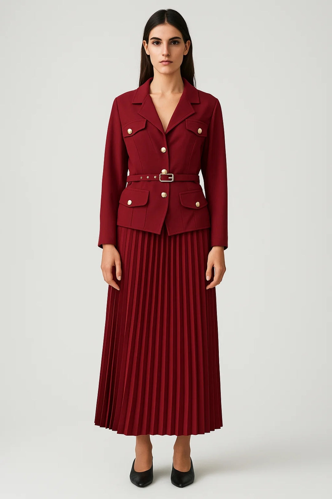 Elena | Double-Breasted Blazer and Pleated Skirt Set - ginlerie 0