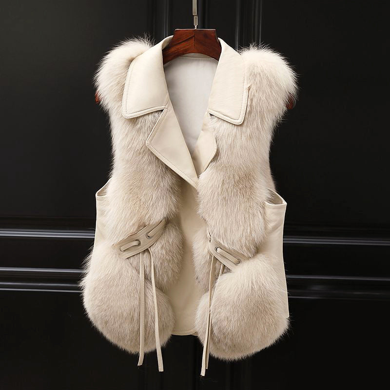 Elena | Faux Fur Lapel Collar Vest with Waist Tie - ginlerie 0