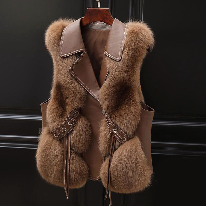 Elena | Faux Fur Lapel Collar Vest with Waist Tie - ginlerie 1