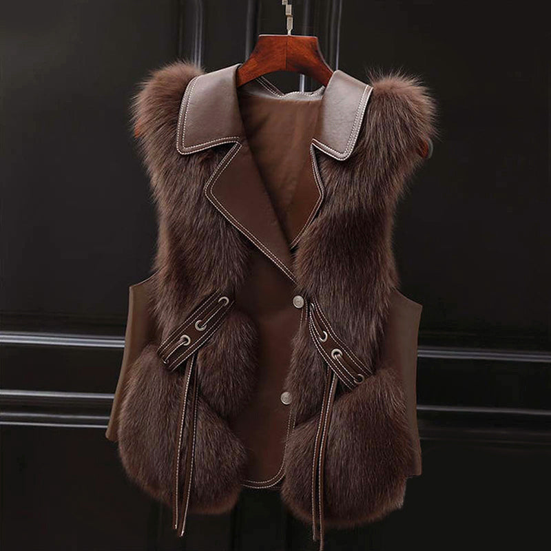 Elena | Faux Fur Lapel Collar Vest with Waist Tie - ginlerie 2