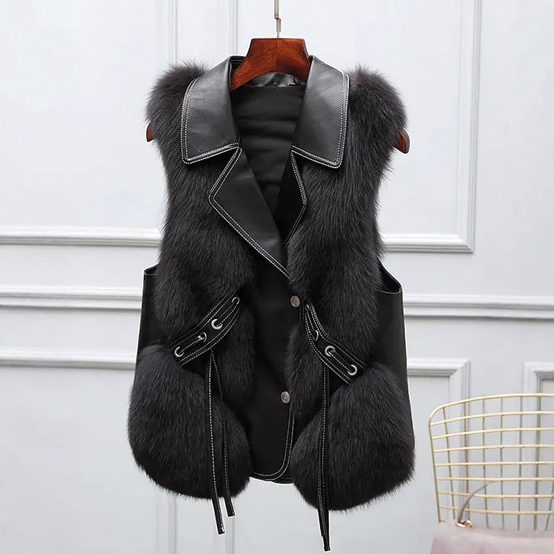 Elena | Faux Fur Lapel Collar Vest with Waist Tie - ginlerie 3