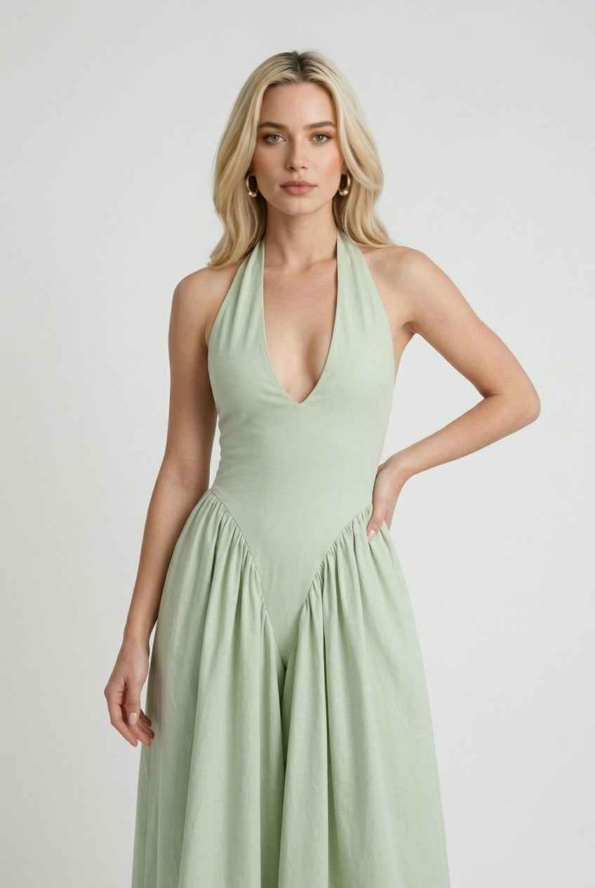Elena | Green Satin Midi Dress - ginlerie 1