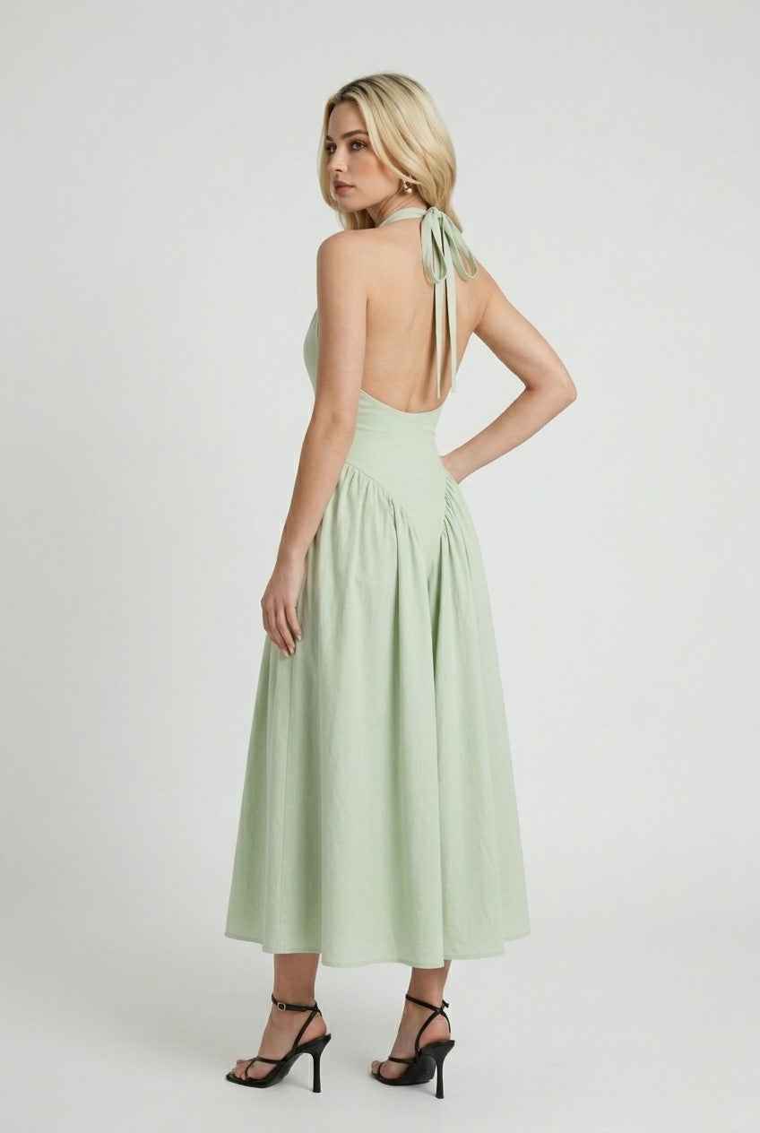 Elena | Green Satin Midi Dress - ginlerie 2