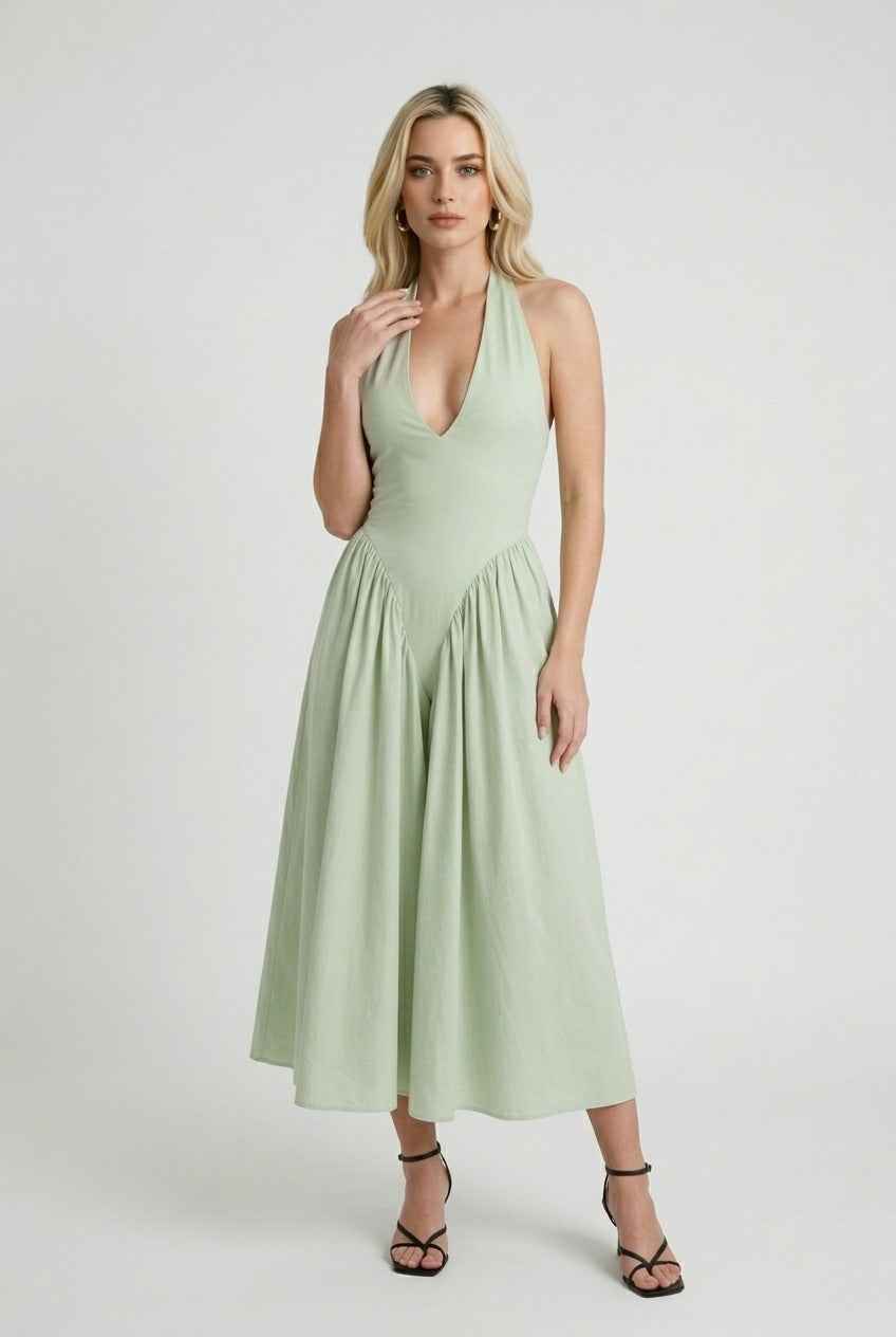 Elena | Green Satin Midi Dress - ginlerie 3