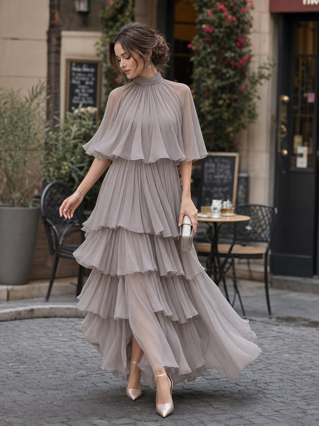 Elena | Tiered Pleated Maxi Dress With Sleeves - ginlerie 2