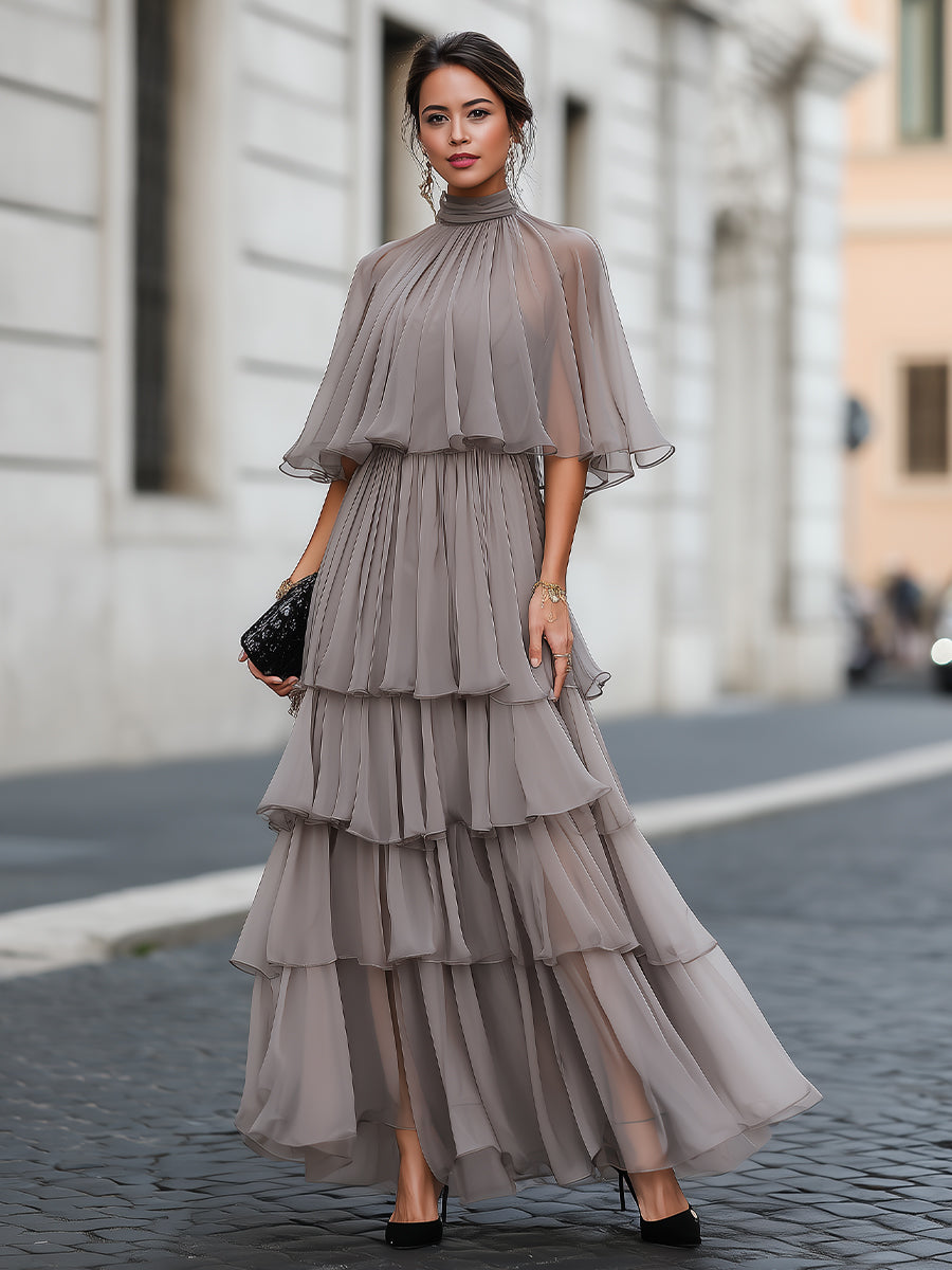 Elena | Tiered Pleated Maxi Dress With Sleeves - ginlerie 4