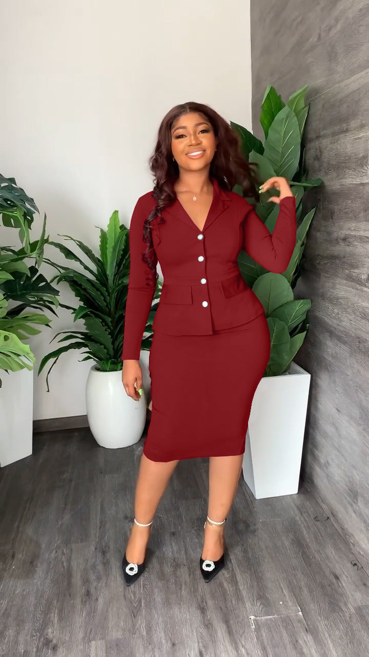 Elena | V-Neck Button Front Blazer and Pencil Skirt Set - ginlerie 3