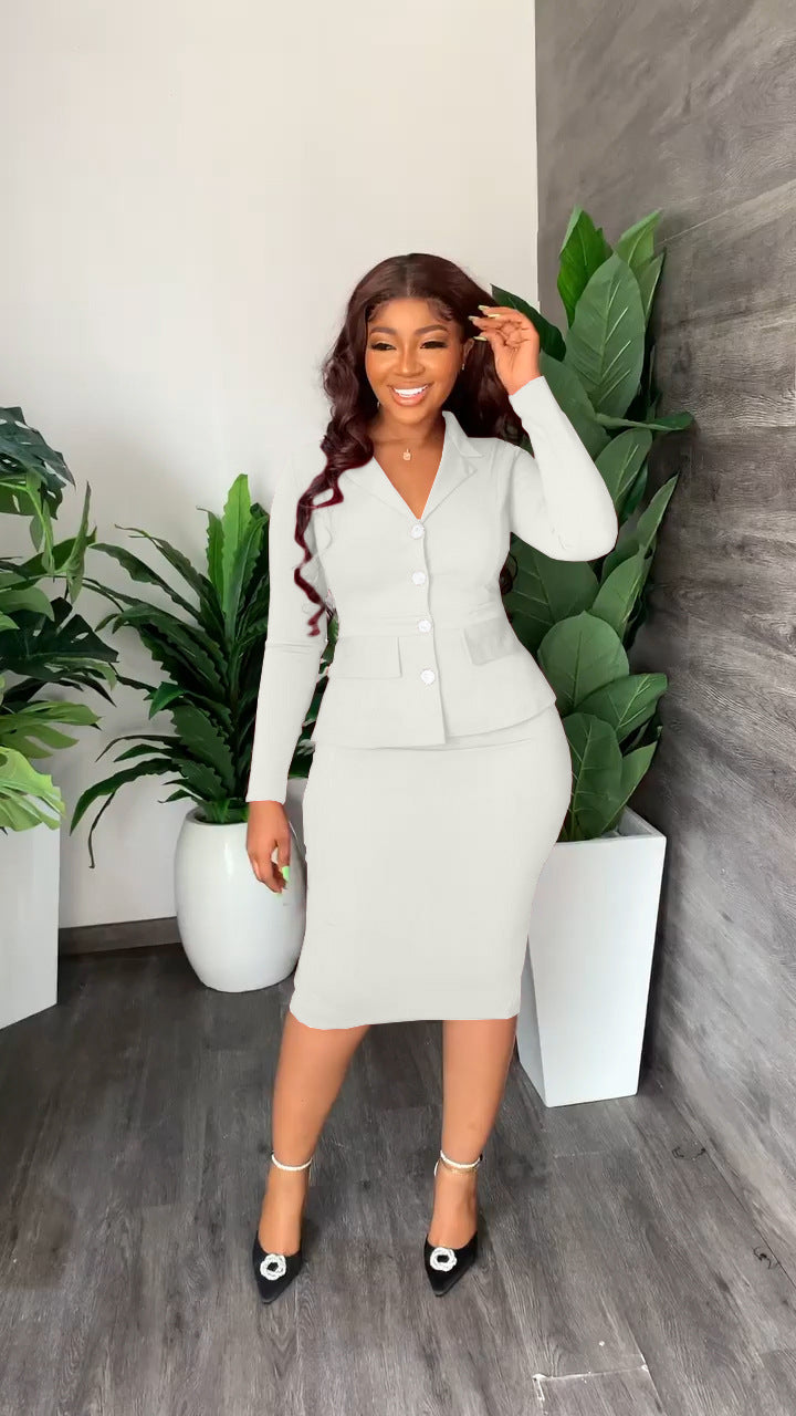 Elena | V-Neck Button Front Blazer and Pencil Skirt Set - ginlerie 6