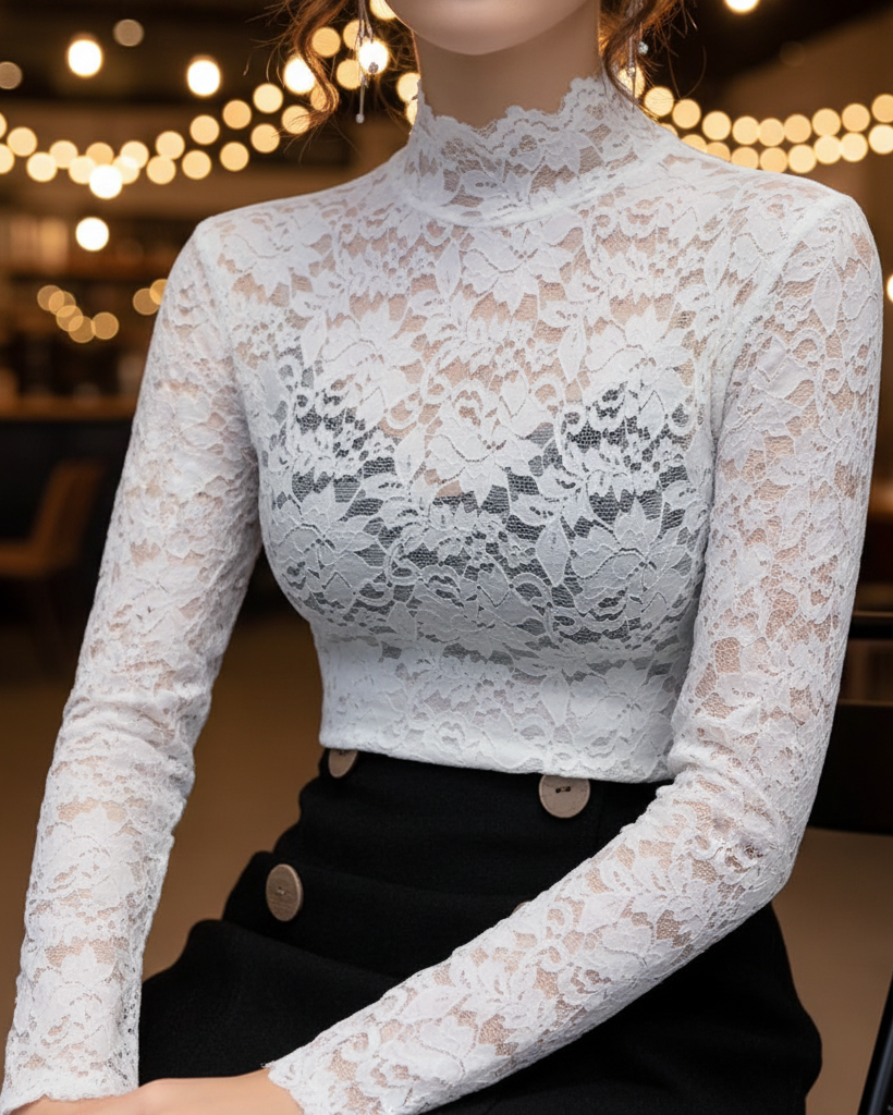 Floral Lace High Neck Blouse with Long Sleeves – Elegant Feminine Top 1