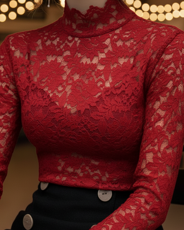 Floral Lace High Neck Blouse with Long Sleeves – Elegant Feminine Top 4