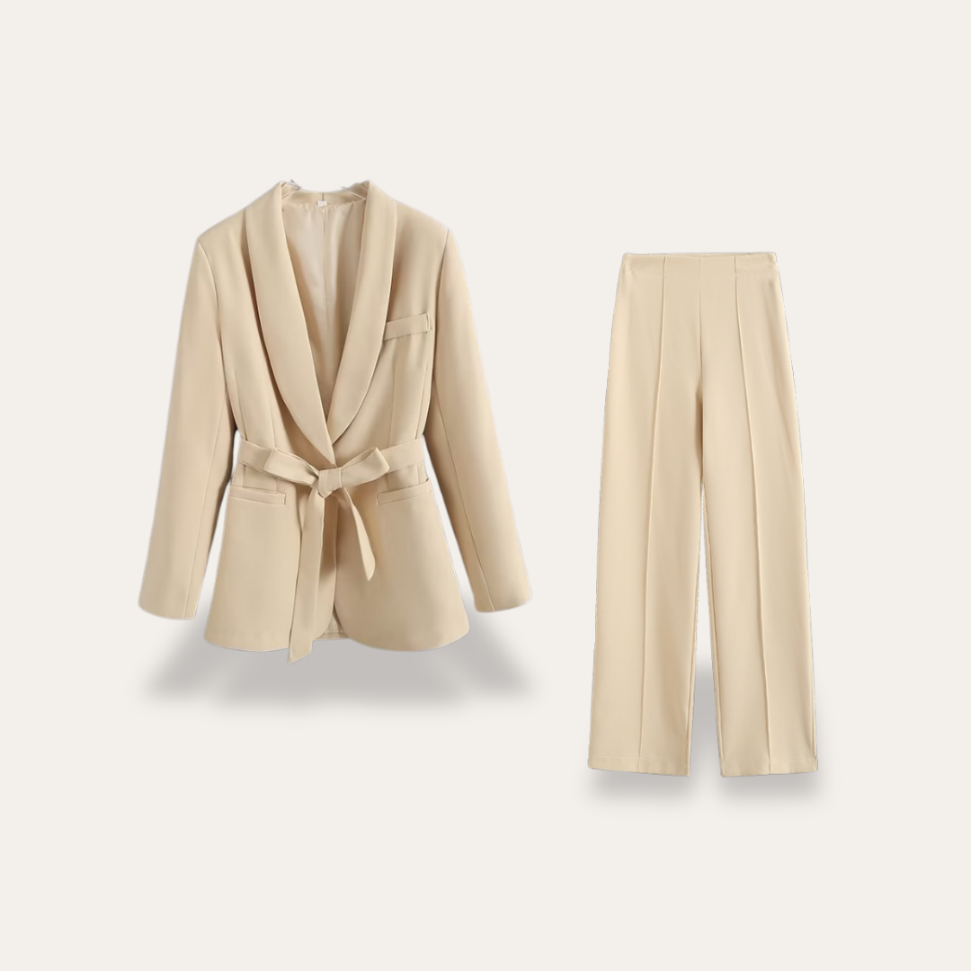 Hazel | Belted Blazer and Wide Leg Trousers Set - ginlerie 0