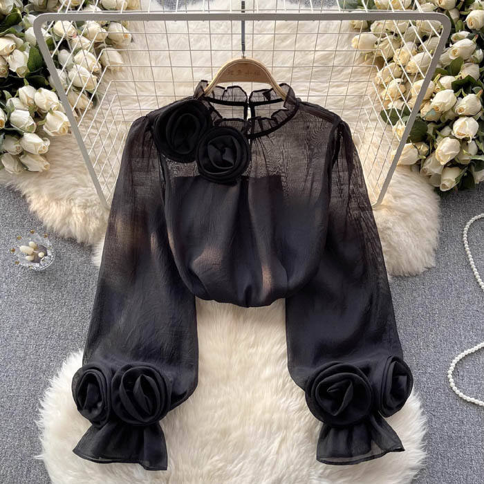 Isla | Sculptural Blouse with 3D Roses - ginlerie 5
